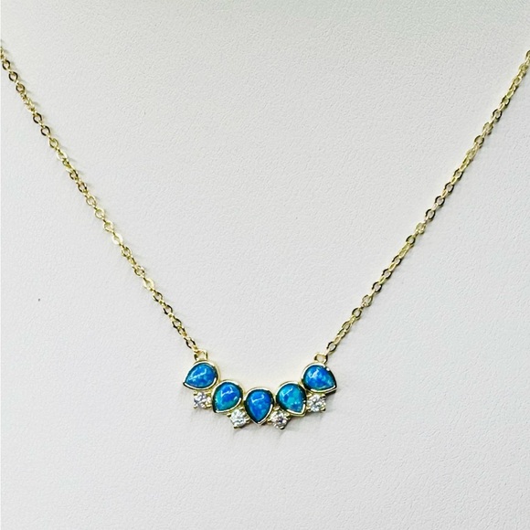 Chic 18K Gold Necklace with Blue Opal Stones and Crystal Accents - Picture 3 of 4
